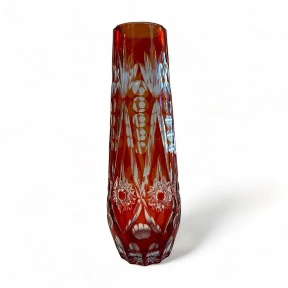 Vintage Mid Century Cut Crystal Vase Bohemian Orange & Red Art Glass - Picture 1 of 4